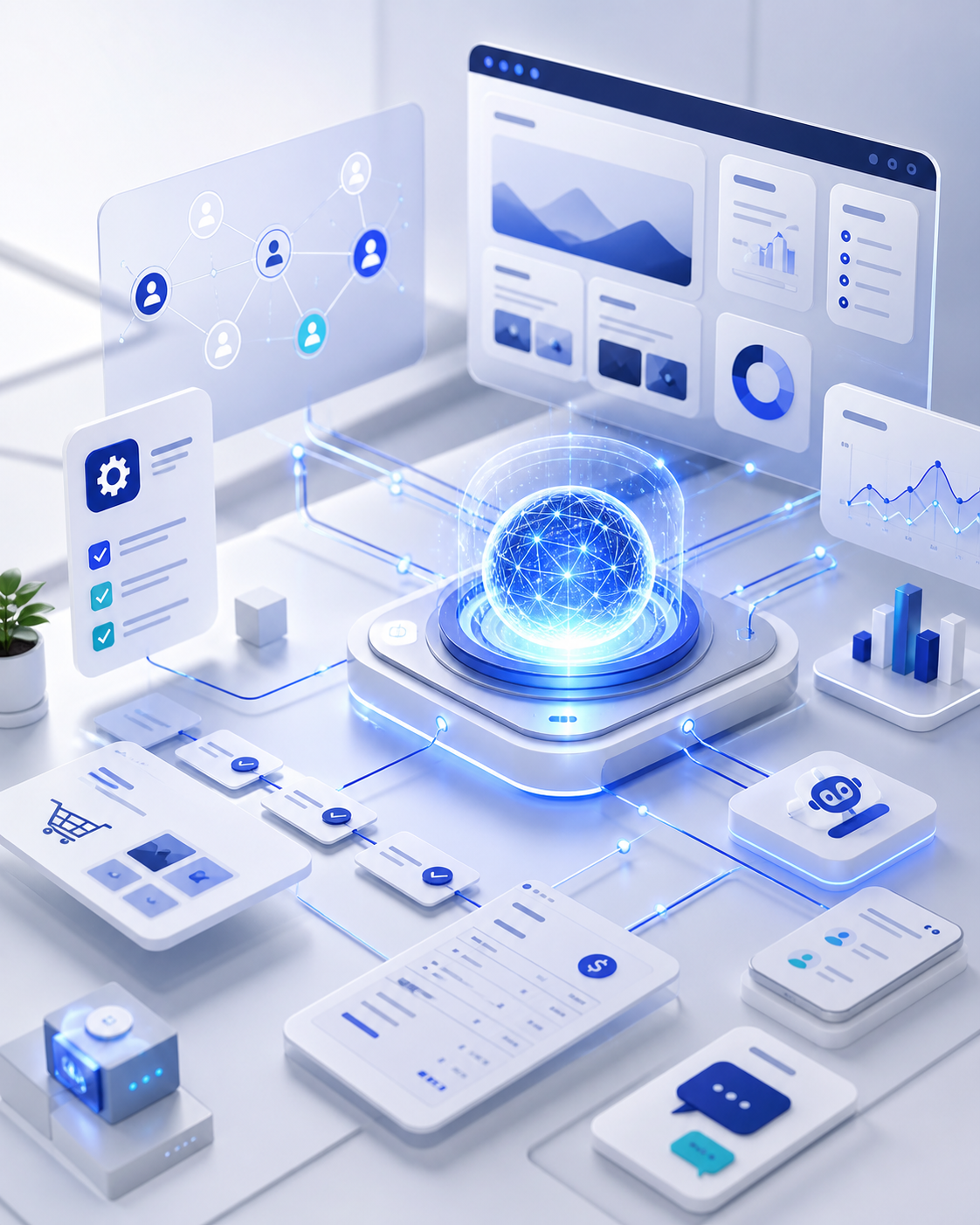 AI-powered digital workspace with automation, analytics and business growth interfaces